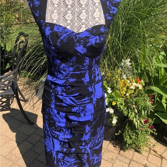 blue nicole miller dress 80s Nicole Miller Blue Floral Batwing Sleeve Dress main image 0